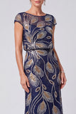 Green Floral Mermaid Sequins Round Neck Long Mother of the Bride Dress with Cap Sleeves