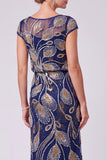 Green Floral Mermaid Sequins Round Neck Long Mother of the Bride Dress with Cap Sleeves