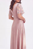 Grey Pink Satin V-Neck A-Line Floral Long Mother of the Bride Dress with Short Sleeves
