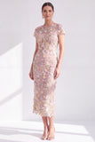 Blue Floral Bodycon Round Neck Appliqued Midi Mother of the Bride Dress with Slit