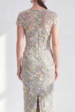 Blue Floral Bodycon Round Neck Appliqued Midi Mother of the Bride Dress with Slit