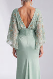 Green Mermaid Bateau Neck Sequins Floral Long Mother of the Bride Dress with Flare Sleeves