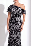 One Shoulder Fuchsia Mermaid Velvet Floral Long Mother of the Bride Dress