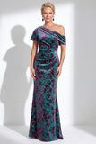 One Shoulder Fuchsia Mermaid Velvet Floral Long Mother of the Bride Dress