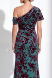 One Shoulder Fuchsia Mermaid Velvet Floral Long Mother of the Bride Dress