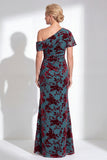 One Shoulder Fuchsia Mermaid Velvet Floral Long Mother of the Bride Dress