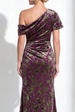 One Shoulder Fuchsia Mermaid Velvet Floral Long Mother of the Bride Dress