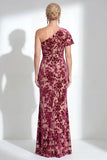 One Shoulder Fuchsia Mermaid Velvet Floral Long Mother of the Bride Dress