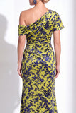 One Shoulder Fuchsia Mermaid Velvet Floral Long Mother of the Bride Dress