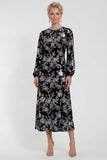 Fuchsia A-Line Round Neck Velvet Floral Midi Mother of the Bride Dress with Long Sleeves