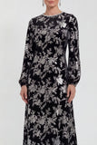 Fuchsia A-Line Round Neck Velvet Floral Midi Mother of the Bride Dress with Long Sleeves