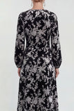 Fuchsia A-Line Round Neck Velvet Floral Midi Mother of the Bride Dress with Long Sleeves
