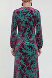 Fuchsia A-Line Round Neck Velvet Floral Midi Mother of the Bride Dress with Long Sleeves