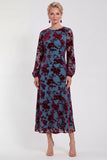 Fuchsia A-Line Round Neck Velvet Floral Midi Mother of the Bride Dress with Long Sleeves