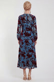 Fuchsia A-Line Round Neck Velvet Floral Midi Mother of the Bride Dress with Long Sleeves