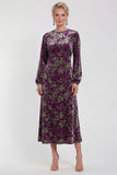 Fuchsia A-Line Round Neck Velvet Floral Midi Mother of the Bride Dress with Long Sleeves