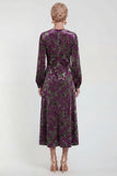 Fuchsia A-Line Round Neck Velvet Floral Midi Mother of the Bride Dress with Long Sleeves