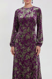 Fuchsia A-Line Round Neck Velvet Floral Midi Mother of the Bride Dress with Long Sleeves