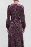 Fuchsia A-Line Round Neck Velvet Floral Midi Mother of the Bride Dress with Long Sleeves