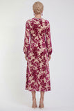 Fuchsia A-Line Round Neck Velvet Floral Midi Mother of the Bride Dress with Long Sleeves