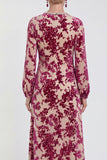 Fuchsia A-Line Round Neck Velvet Floral Midi Mother of the Bride Dress with Long Sleeves