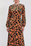 Fuchsia A-Line Round Neck Velvet Floral Midi Mother of the Bride Dress with Long Sleeves