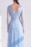 A-Line Dark Purple V-Neck Long Mother of the Bride Dress with Long Sleeves