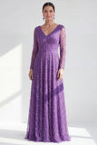 A-Line Dark Purple V-Neck Long Mother of the Bride Dress with Long Sleeves