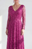 A-Line Dark Purple V-Neck Long Mother of the Bride Dress with Long Sleeves