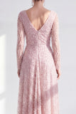 A-Line Dark Purple V-Neck Long Mother of the Bride Dress with Long Sleeves