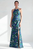 Halter Neck Green Flower Mermaid Beaded Ruched Long Mother of the Bride Dress with Slit