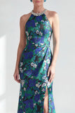 Halter Neck Green Flower Mermaid Beaded Ruched Long Mother of the Bride Dress with Slit