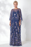 Navy Sheath Floral Round Neck Embroidered Mother Of the Bride Dress
