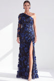 One Shoulder Champagne Mermaid Floral Long Mother of the Bride Dress with Slit