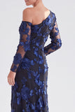 One Shoulder Champagne Mermaid Floral Long Mother of the Bride Dress with Slit