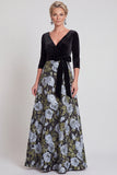 Blue Flower A-Line V-Neck Long Mother of the Bride Dress with 3/4 Sleeves
