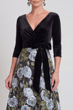 Blue Flower A-Line V-Neck Long Mother of the Bride Dress with 3/4 Sleeves