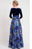 Blue Flower A-Line V-Neck Long Mother of the Bride Dress with 3/4 Sleeves