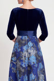 Blue Flower A-Line V-Neck Long Mother of the Bride Dress with 3/4 Sleeves