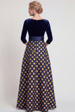 Blue Flower A-Line V-Neck Long Mother of the Bride Dress with 3/4 Sleeves