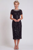 Sparkly Black Round Neck Sequins Bodycon Midi Mother of the Bride Dress with Beading