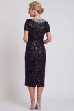 Sparkly Black Round Neck Sequins Bodycon Midi Mother of the Bride Dress with Beading