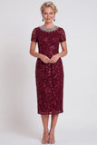 Sparkly Black Round Neck Sequins Bodycon Midi Mother of the Bride Dress with Beading