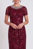 Sparkly Black Round Neck Sequins Bodycon Midi Mother of the Bride Dress with Beading