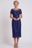 Sparkly Black Round Neck Sequins Bodycon Midi Mother of the Bride Dress with Beading