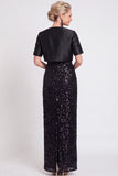 Sparkly Black Sequins Bodycon Long Mother of the Bride Dress with Slit