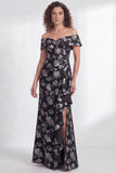 Off the Shoulder Mermaid Black Floral Ruffled Long Mother of the Bride Dress with Slit