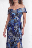 Off the Shoulder Mermaid Black Floral Ruffled Long Mother of the Bride Dress with Slit