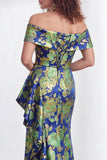 Off the Shoulder Mermaid Black Floral Ruffled Long Mother of the Bride Dress with Slit