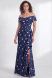 Off the Shoulder Mermaid Black Floral Ruffled Long Mother of the Bride Dress with Slit